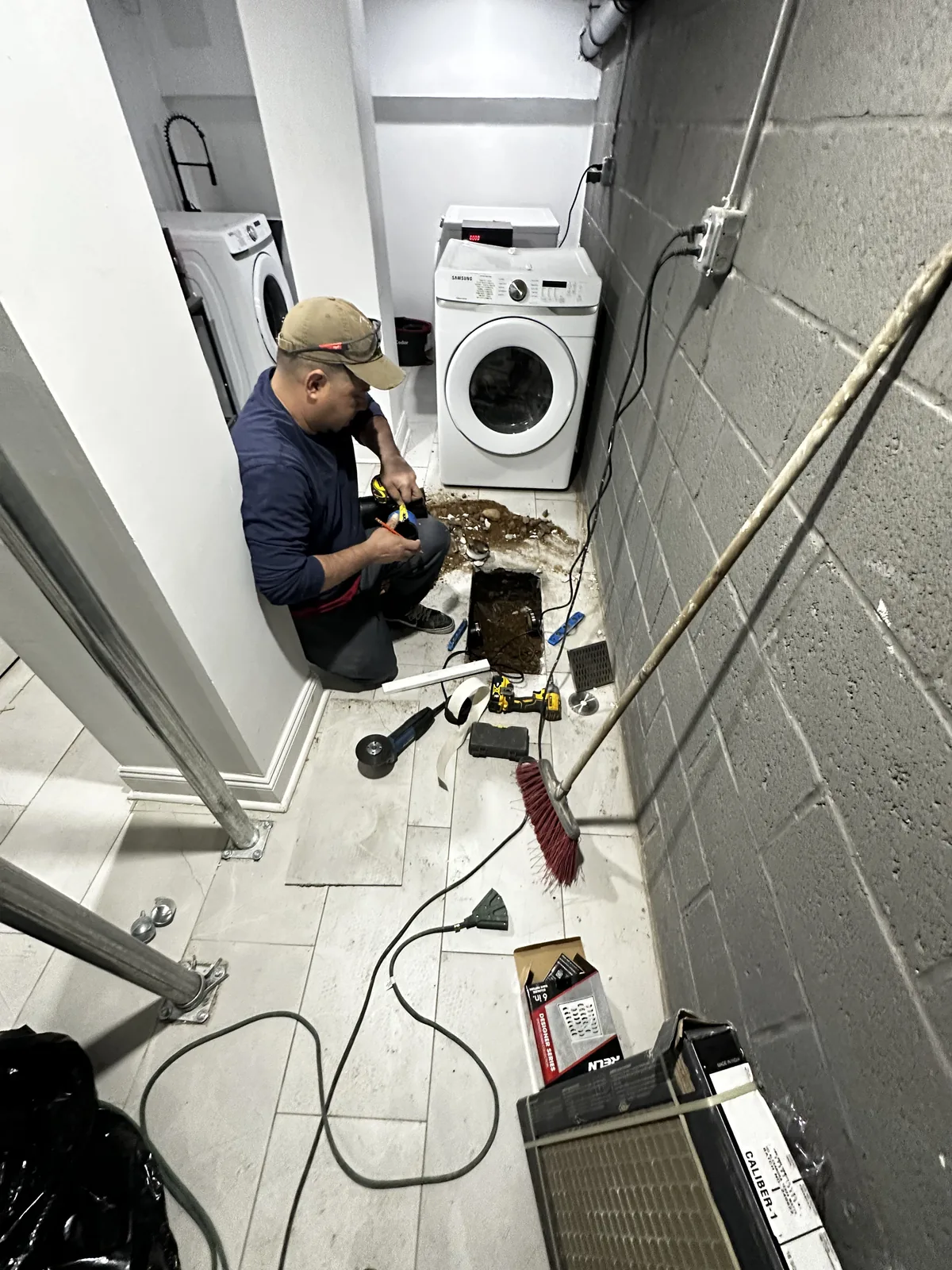 Basement floor-drain repair work in progress