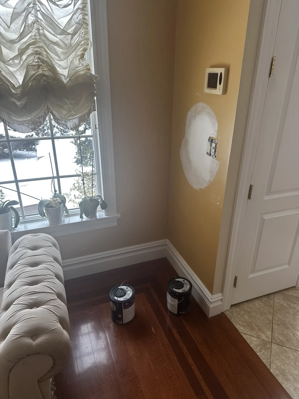 Interior wall repair prepared for finish paint in a residential renovation